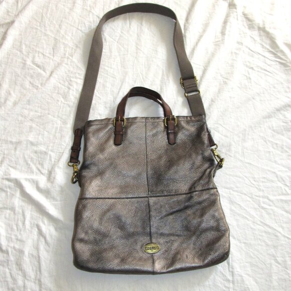 Vintage Fossil Explorer Leather Tote Pewter Foldover Messenger Bag Distressed - Picture 2 of 7